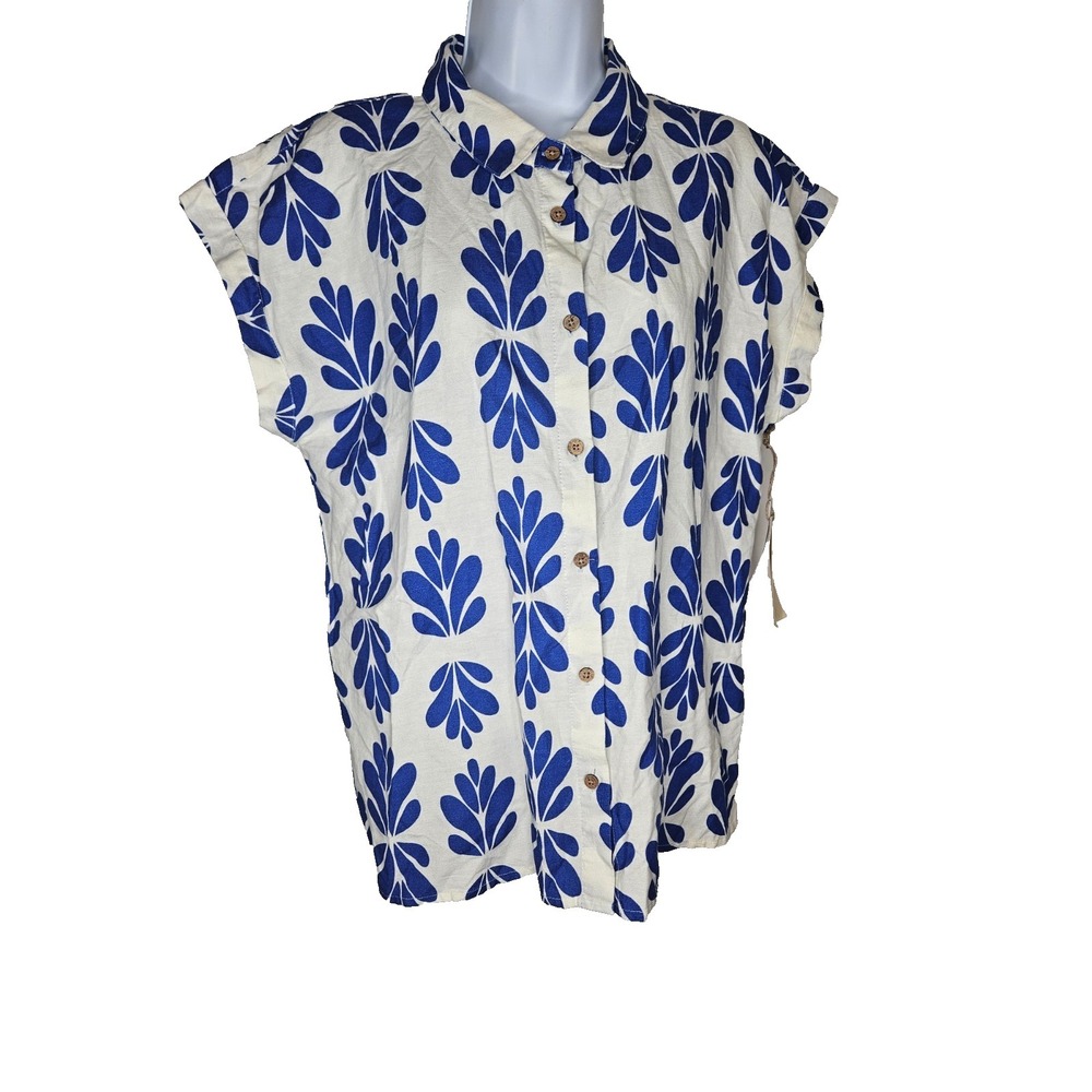 Midnight Sky Linen‎ Blend Blue White Leaf Print Button Shirt M Coastal Chic